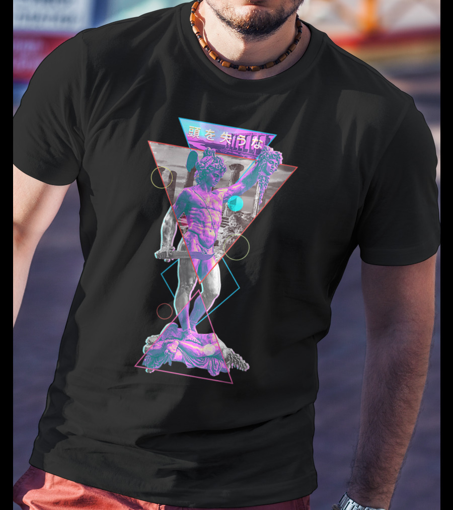 Perseus And Medusa Vaporwave Aesthetic With Japanese Text And Geometric Shapes T-Shirt