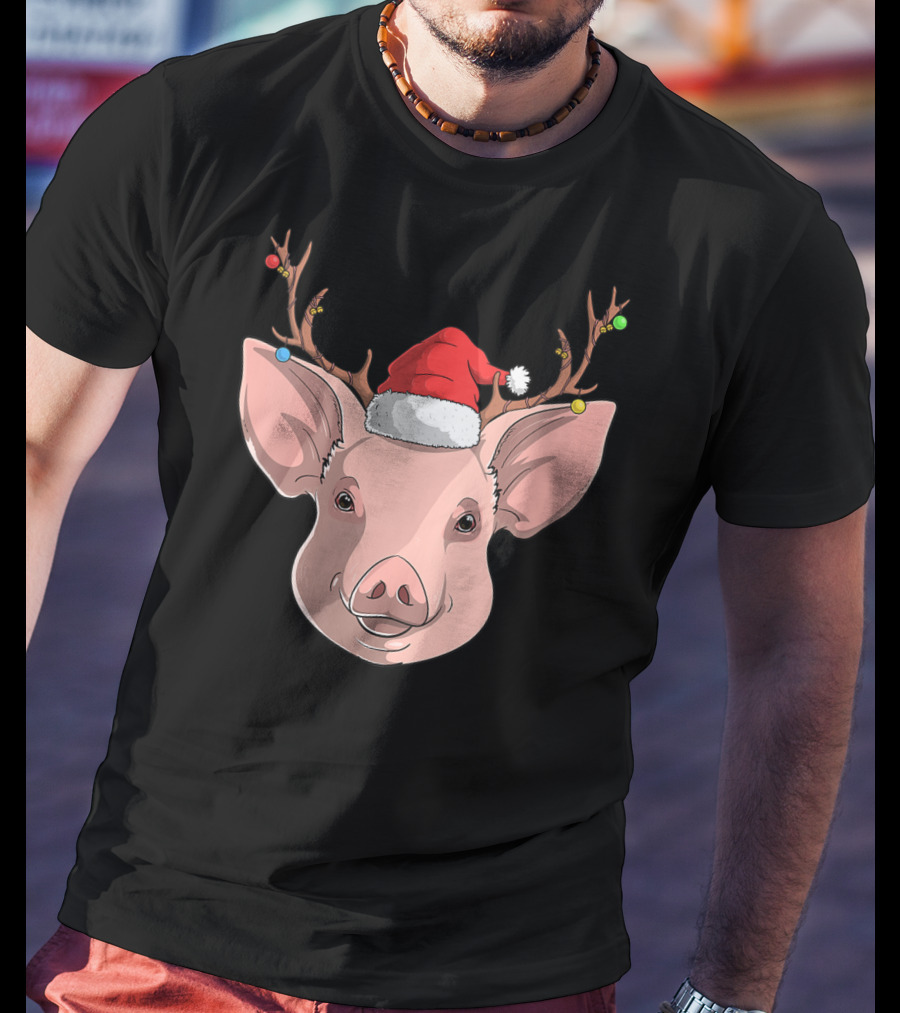 Pig With Santa Hat And Reindeer Antlers T-Shirt