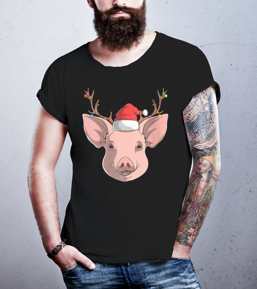 Pig With Santa Hat And Reindeer Antlers T-Shirt