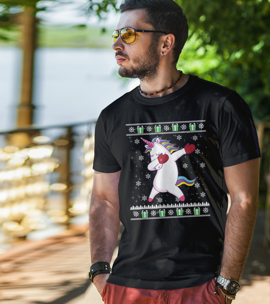 Unicorn Dabbing Christmas Presents Snowflakes Holiday Ugly T-Shirt