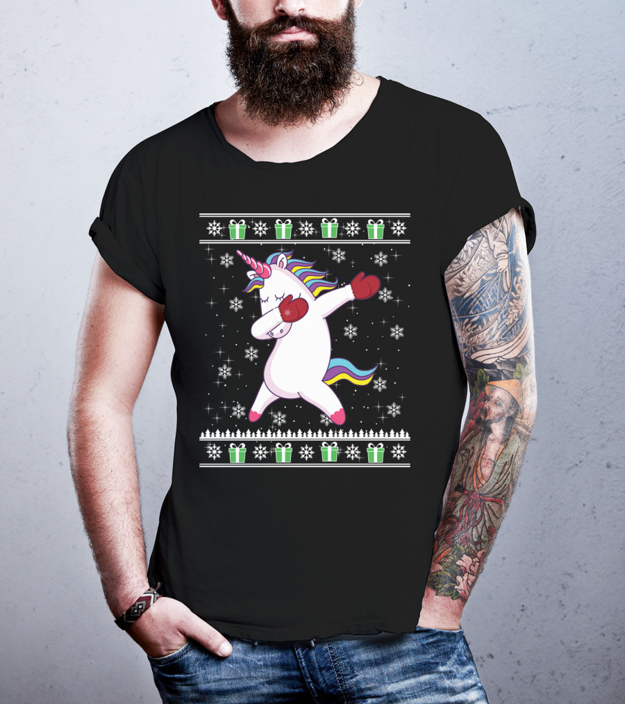 Unicorn Dabbing Christmas Presents Snowflakes Holiday Ugly T-Shirt