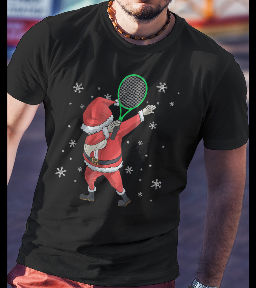 Dabbing Santa Claus With Tennis Racket And Snowflakes T-Shirt