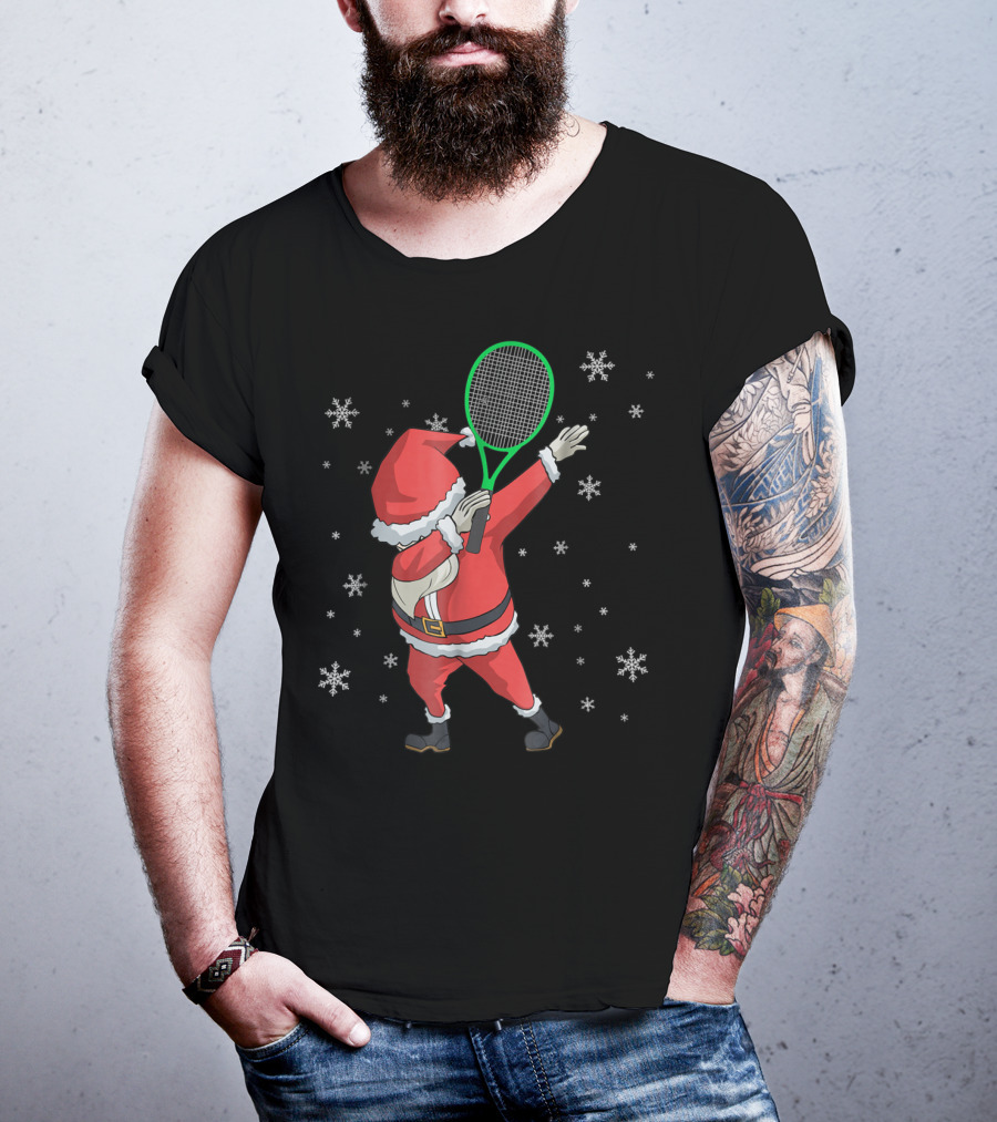 Dabbing Santa Claus With Tennis Racket And Snowflakes T-Shirt