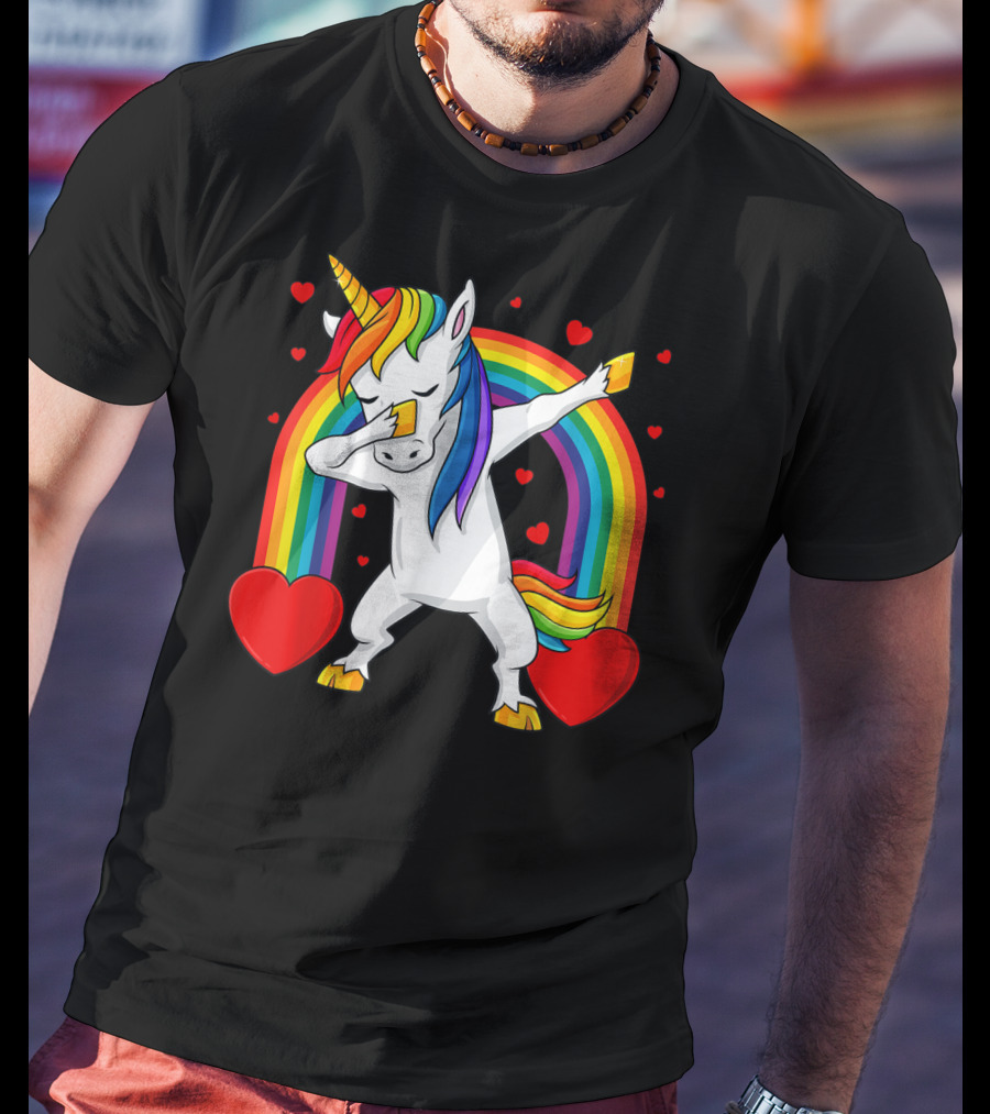 Dabbing Unicorn With Rainbow And Hearts T-Shirt