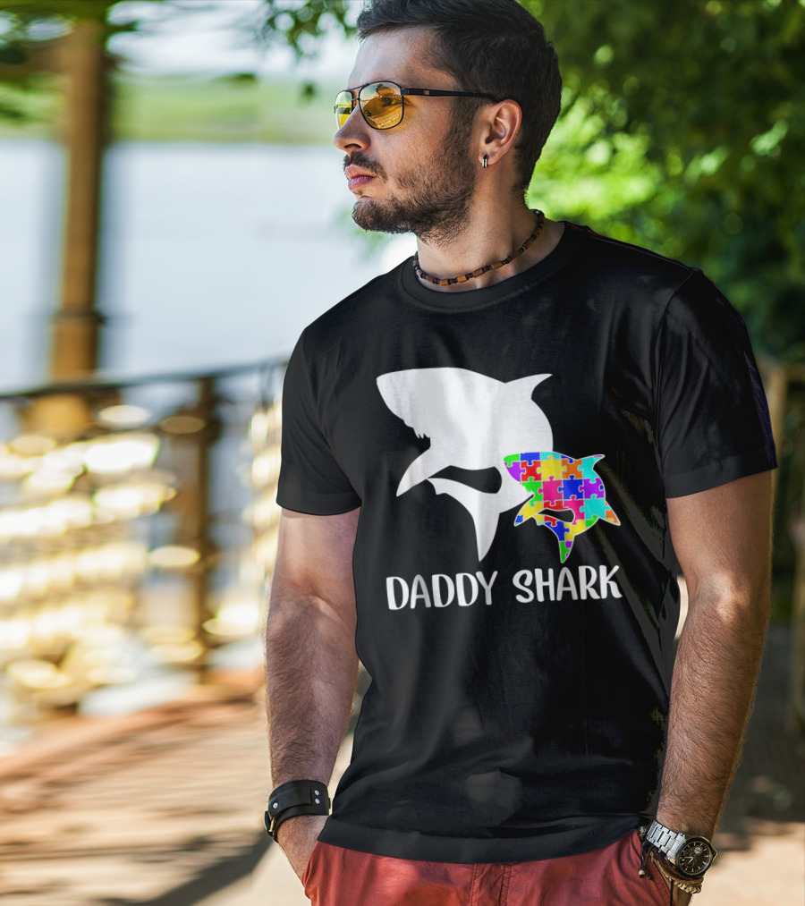 Daddy Shark Autism Awareness Puzzle Colorful T-Shirt