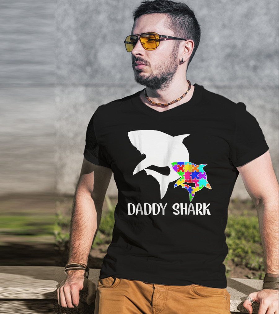 Daddy Shark Autism Awareness Puzzle Colorful T-Shirt