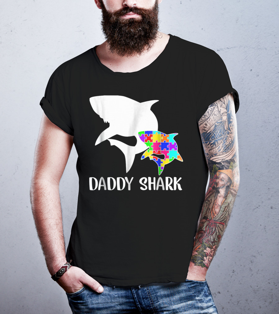Daddy Shark Autism Awareness Puzzle Colorful T-Shirt