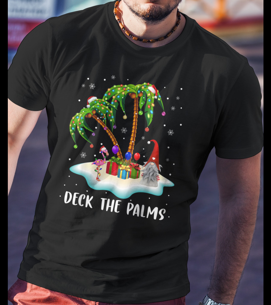 Deck The Palms Tropical Christmas Palm Tree With Santa Hat Flamingo And Gnome On Snowy Island T-Shirt