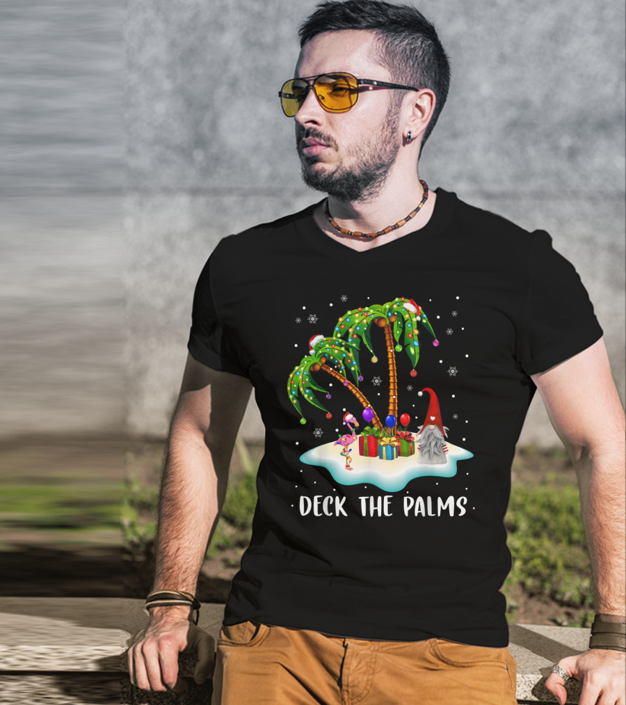 Deck The Palms Tropical Christmas Palm Tree With Santa Hat Flamingo And Gnome On Snowy Island T-Shirt
