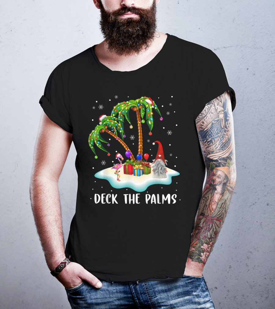 Deck The Palms Tropical Christmas Palm Tree With Santa Hat Flamingo And Gnome On Snowy Island T-Shirt