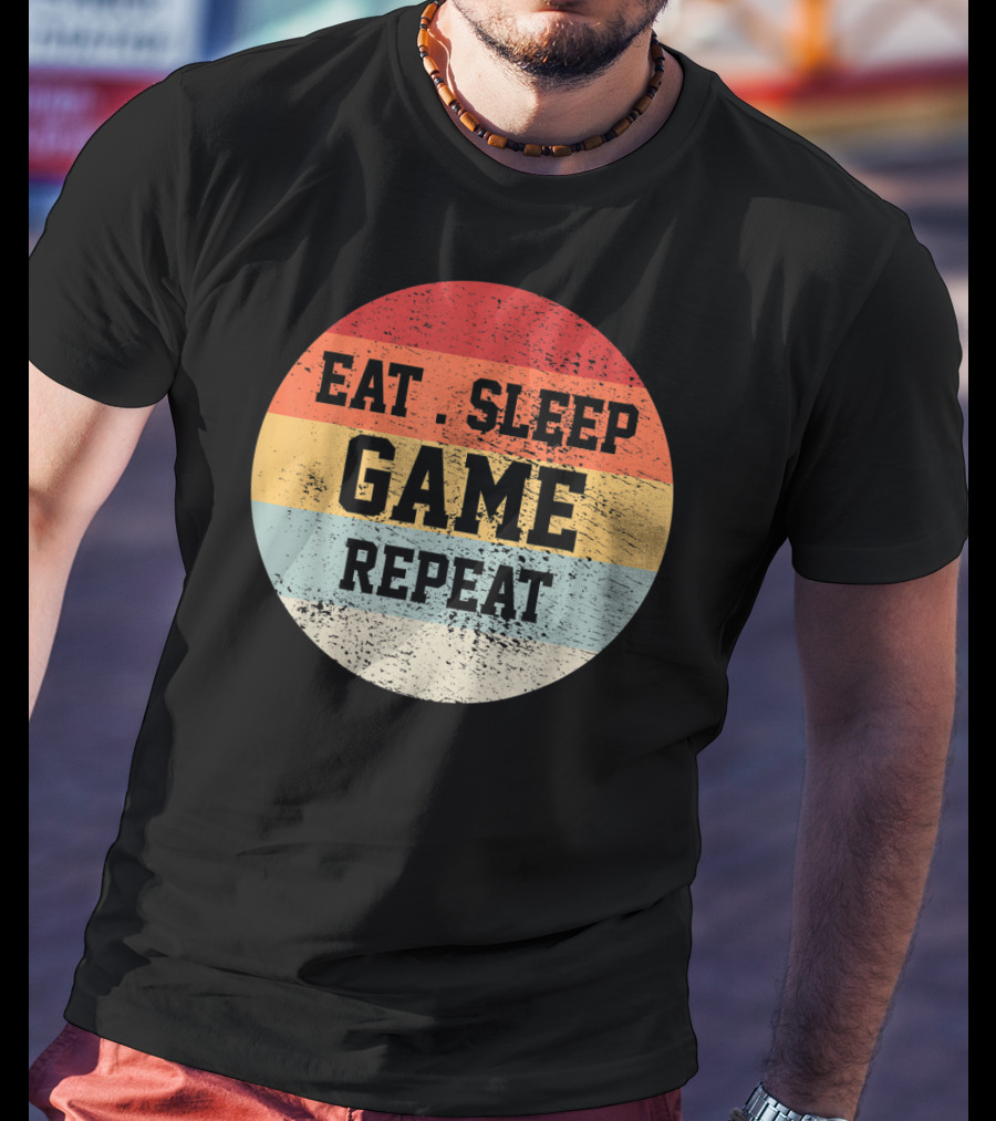 Eat Sleep Game Repeat Vintage Retro Stripes T-Shirt