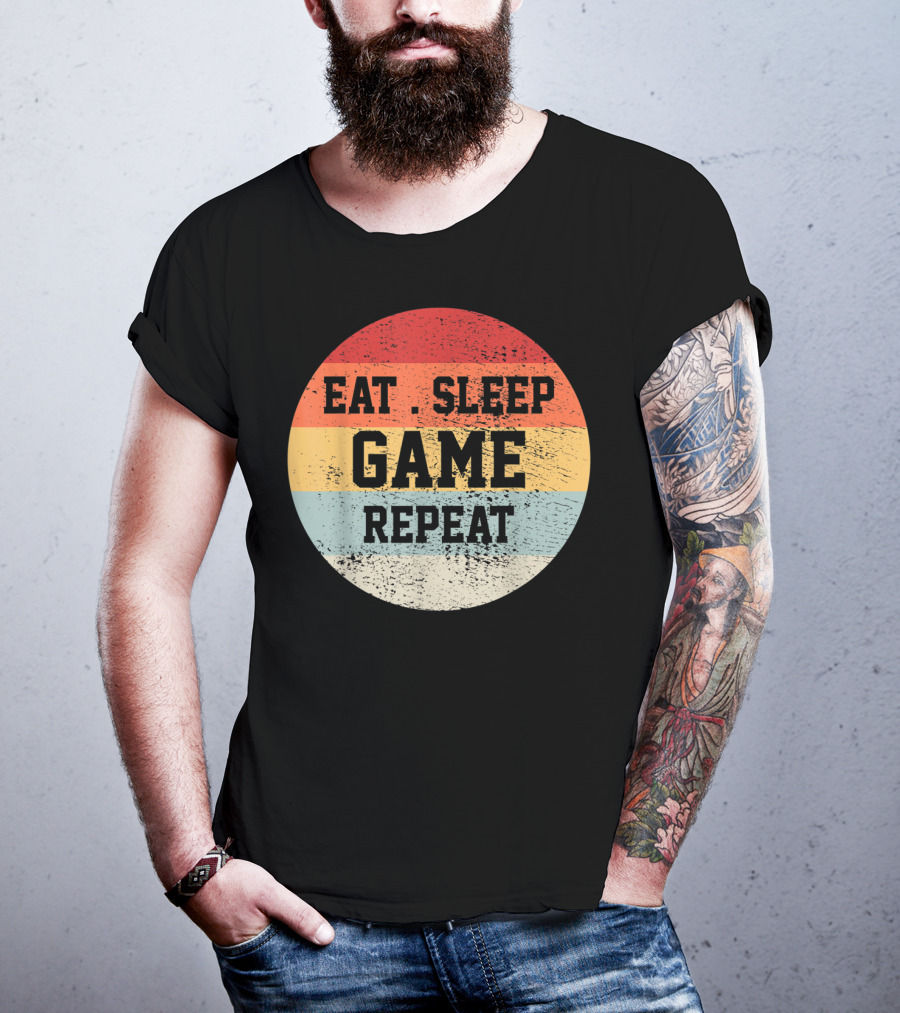 Eat Sleep Game Repeat Vintage Retro Stripes T-Shirt