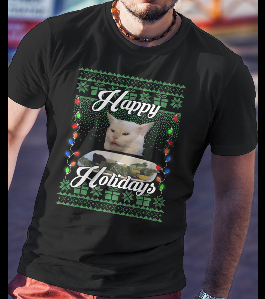 Happy Holidays Cat Meme With Festive Lights And Green Gift T-Shirt