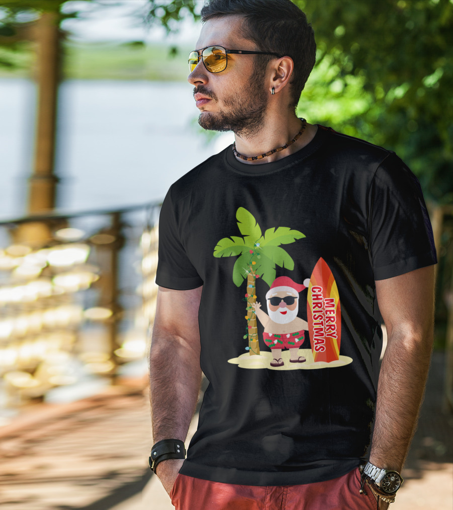 Merry Christmas Hawaiian Funny Ugly Cute Surfing Santa Holiday T-Shirt