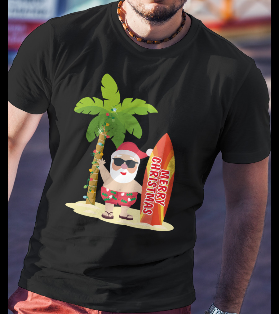 Merry Christmas Hawaiian Funny Ugly Cute Surfing Santa Holiday T-Shirt