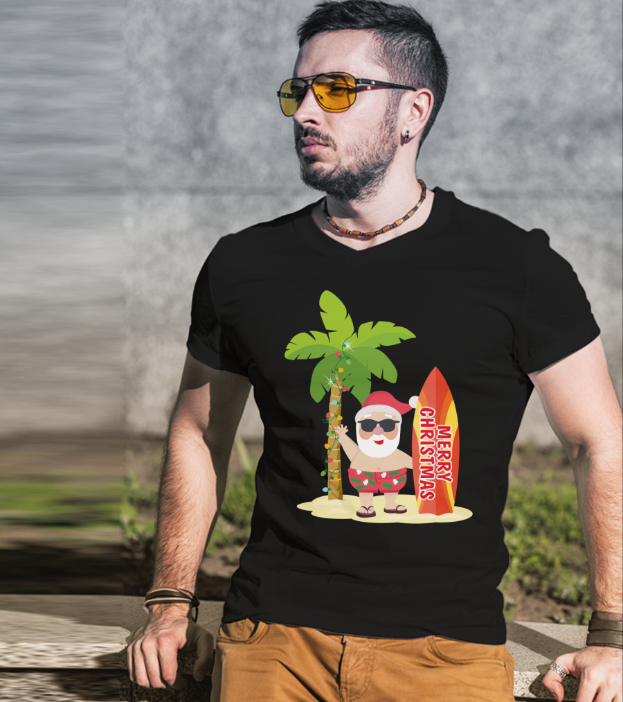 Merry Christmas Hawaiian Funny Ugly Cute Surfing Santa Holiday T-Shirt
