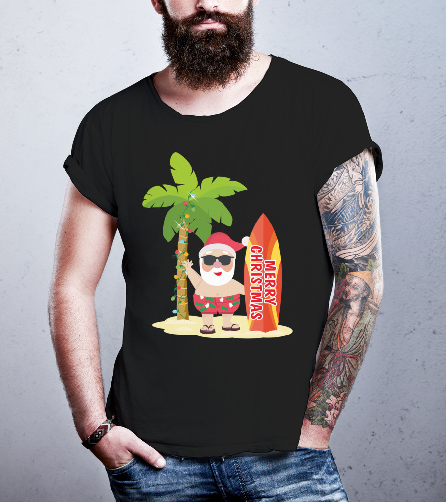 Merry Christmas Hawaiian Funny Ugly Cute Surfing Santa Holiday T-Shirt