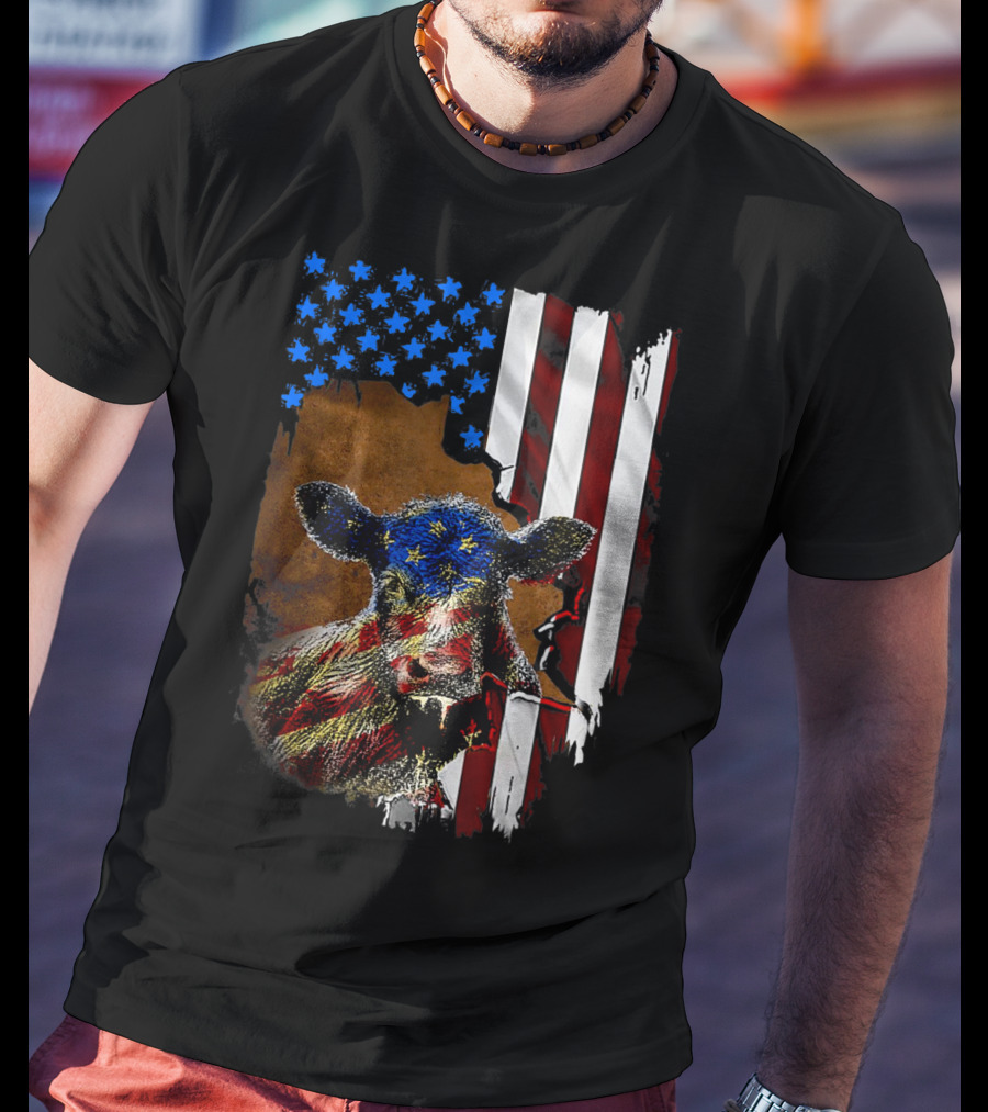 Heifer American Flag Farmer Cow Cattle July 4 T-Shirt