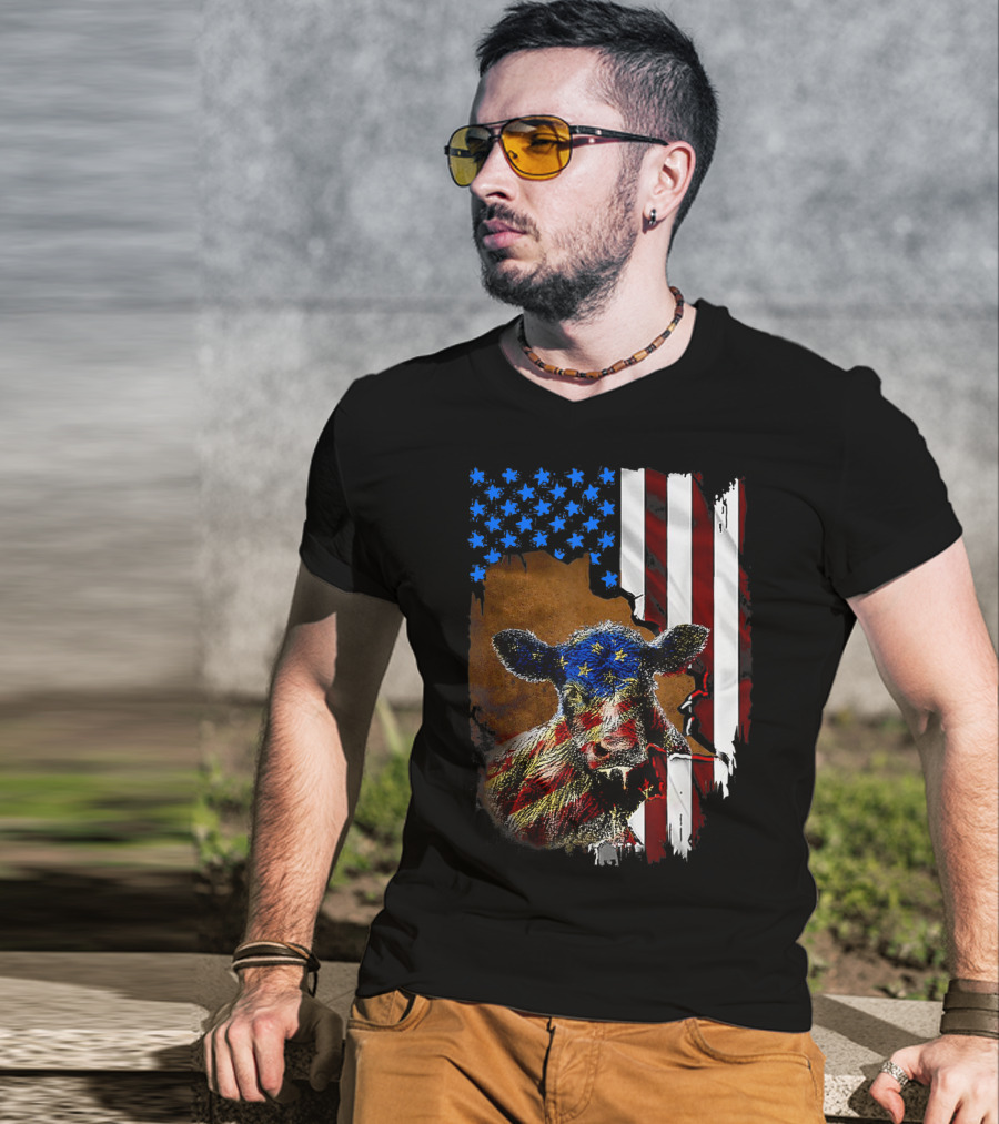 Heifer American Flag Farmer Cow Cattle July 4 T-Shirt