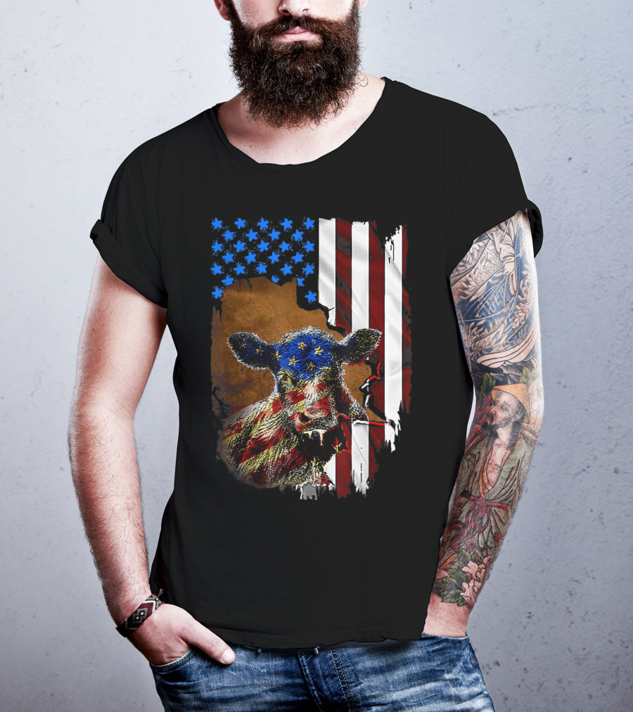 Heifer American Flag Farmer Cow Cattle July 4 T-Shirt