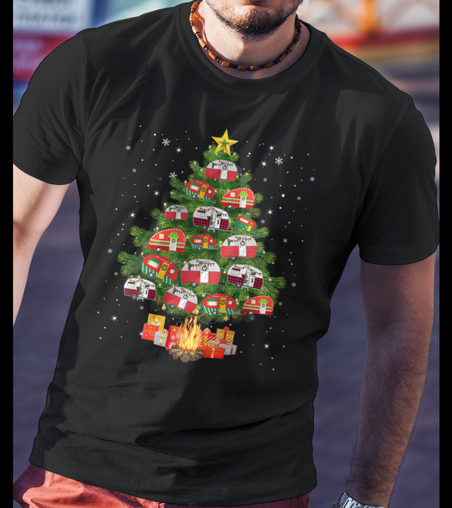 Camping Vehicle Christmas Tree Festive Campers With Star And Gifts T-Shirt