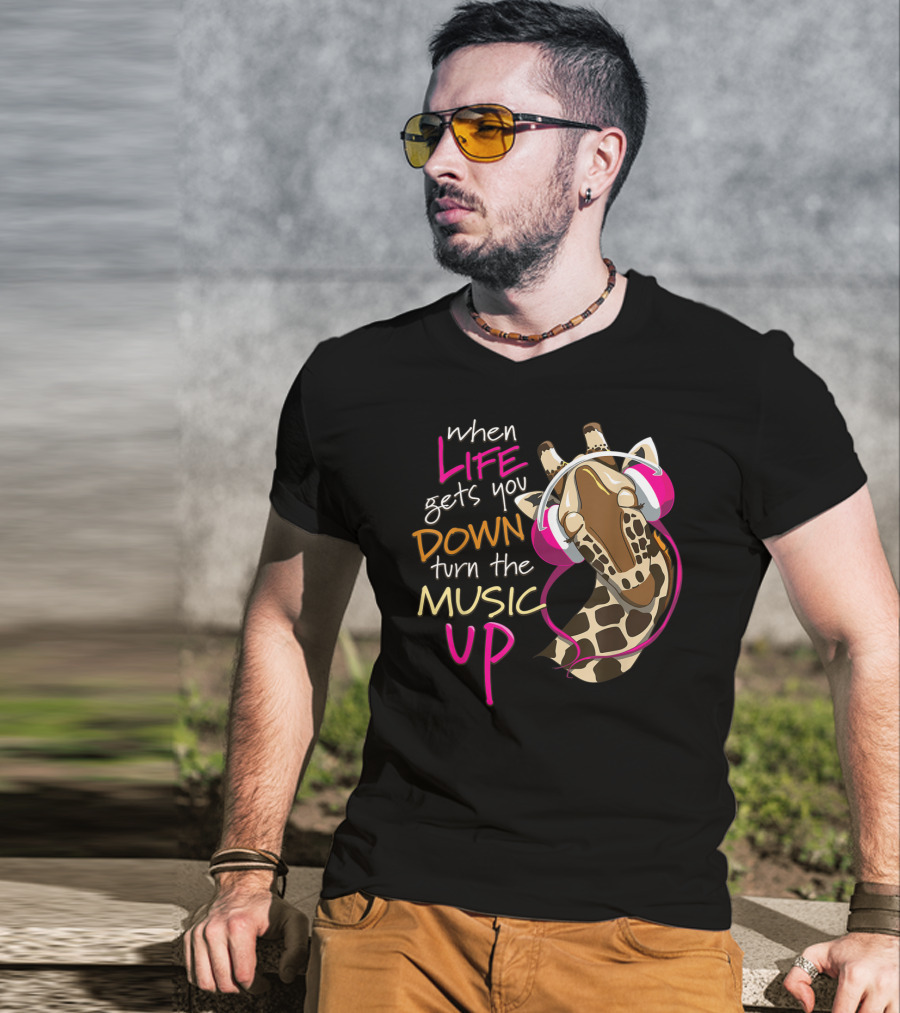 When Life Gets You Down Turn The Music Up Giraffe Headphones T-Shirt