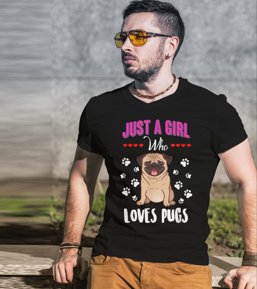 Just A Girl Who Loves Pugs With Paw Prints And Hearts T-Shirt