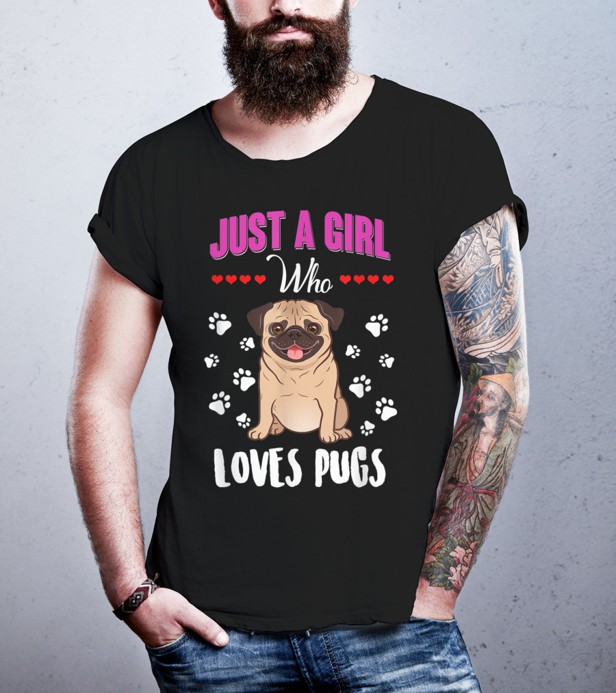 Just A Girl Who Loves Pugs With Paw Prints And Hearts T-Shirt