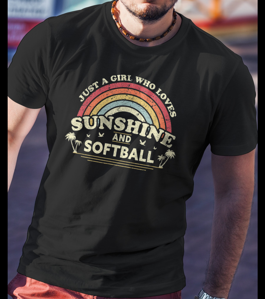 Just A Girl Who Loves Sunshine And Softball Vintage Rainbow Palm Trees T-Shirt