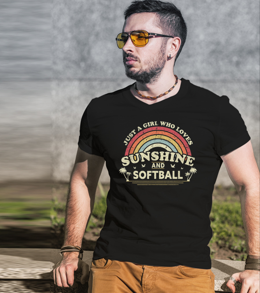Just A Girl Who Loves Sunshine And Softball Vintage Rainbow Palm Trees T-Shirt