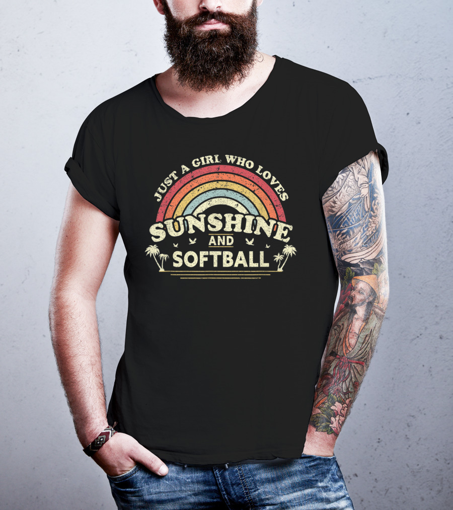 Just A Girl Who Loves Sunshine And Softball Vintage Rainbow Palm Trees T-Shirt