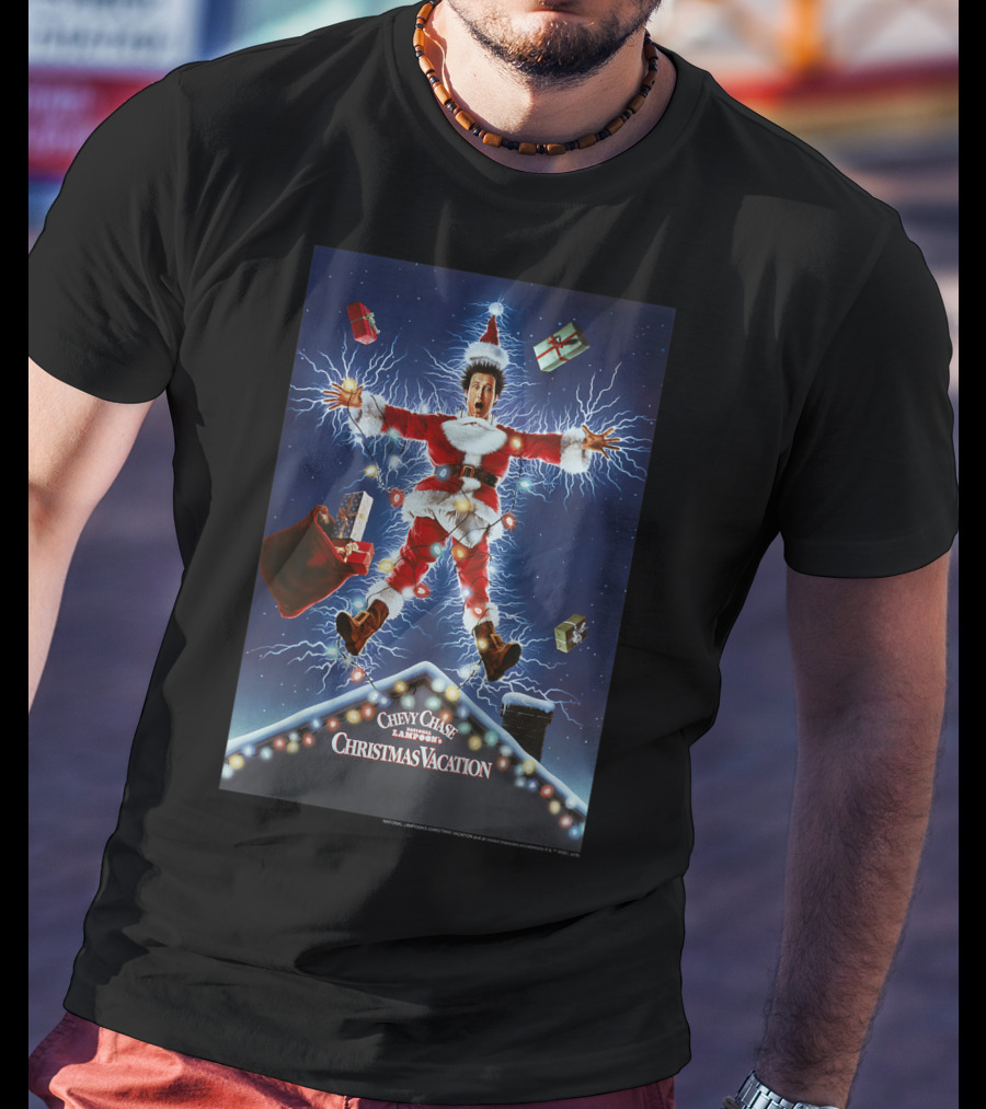 Chevy Chase Kids National Lampoon's Christmas Vacation Santa With Presents And Lights Explosion T-Shirt