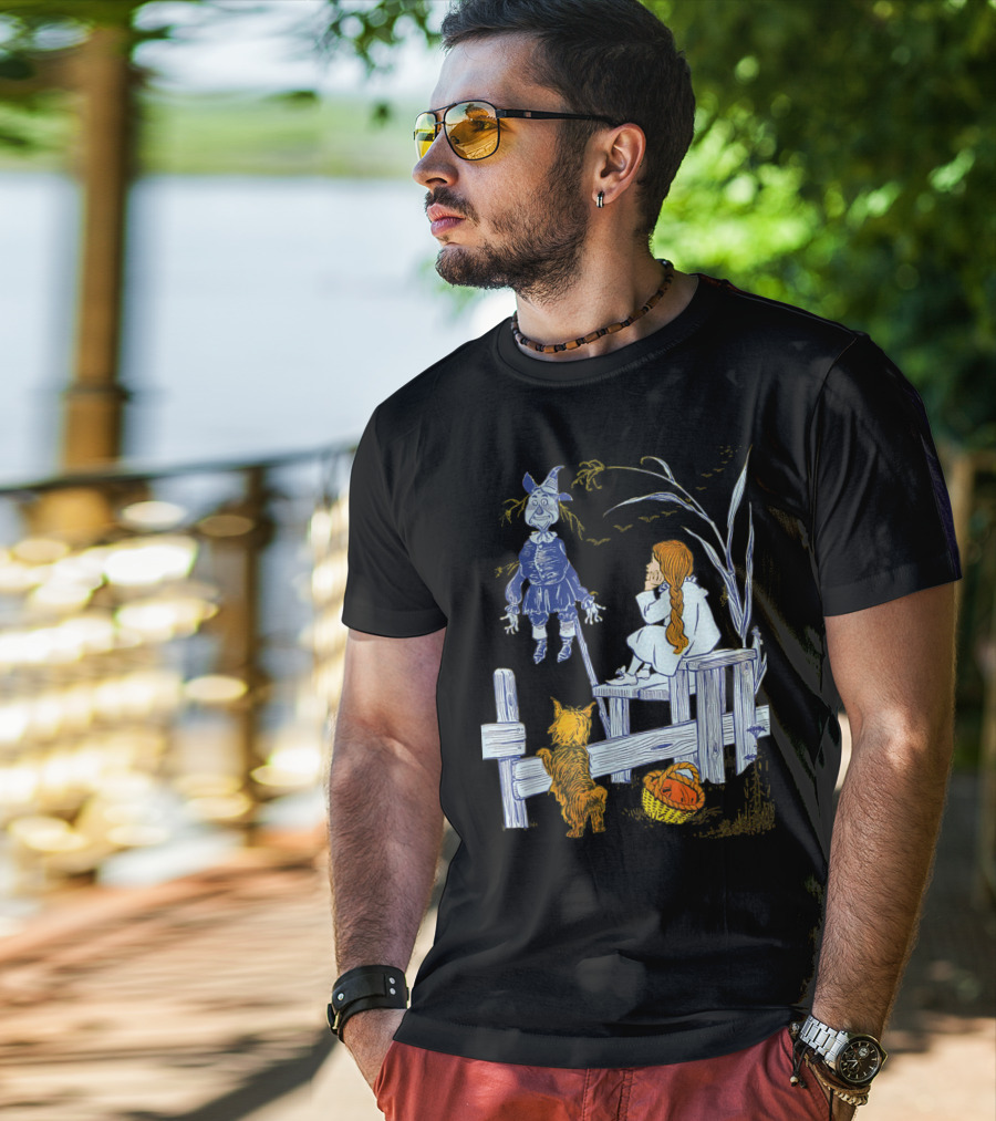 Land Of Oz Classic Scarecrow With Toto And Wizard Themes T-Shirt