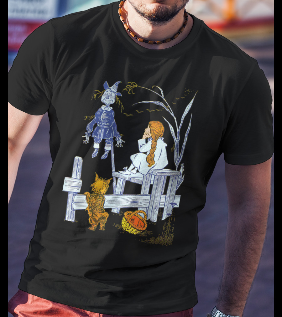 Land Of Oz Classic Scarecrow With Toto And Wizard Themes T-Shirt