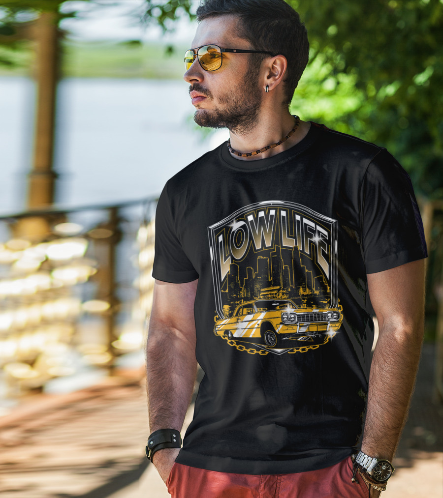 Lowrider Classic Car Low Life Skyline Scene T-Shirt
