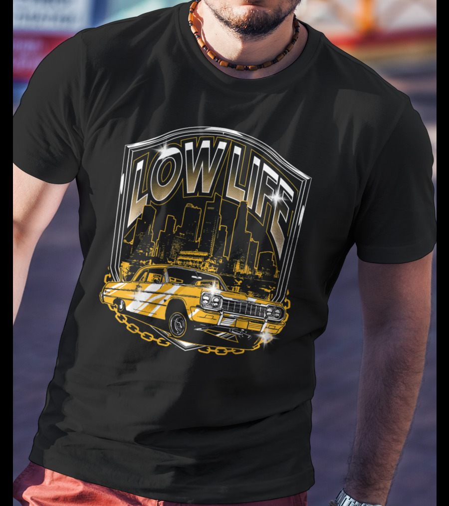 Lowrider Classic Car Low Life Skyline Scene T-Shirt