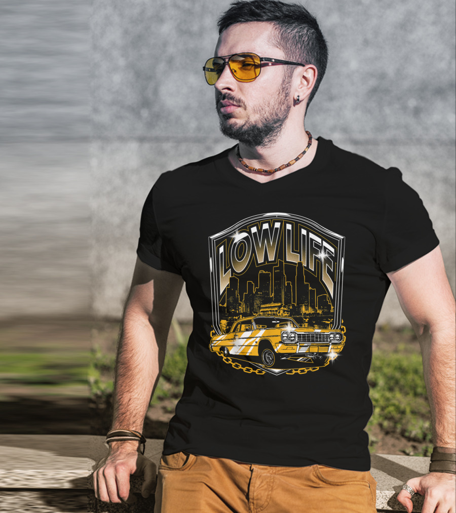 Lowrider Classic Car Low Life Skyline Scene T-Shirt