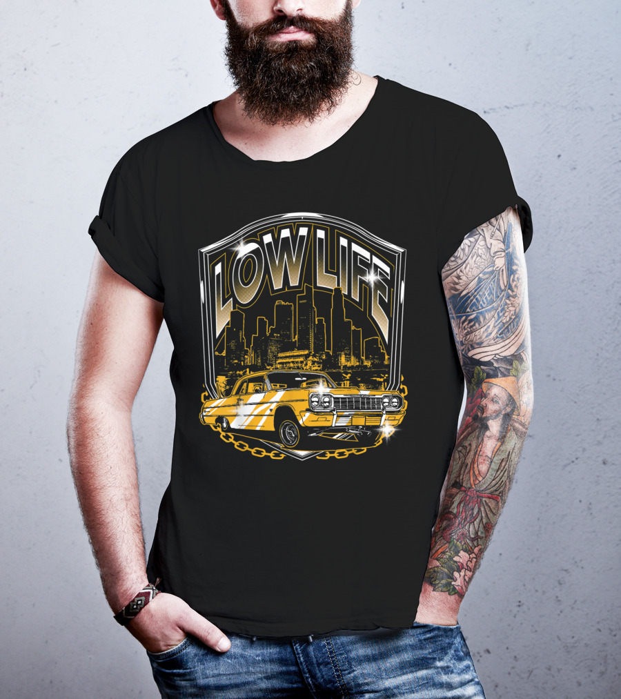 Lowrider Classic Car Low Life Skyline Scene T-Shirt