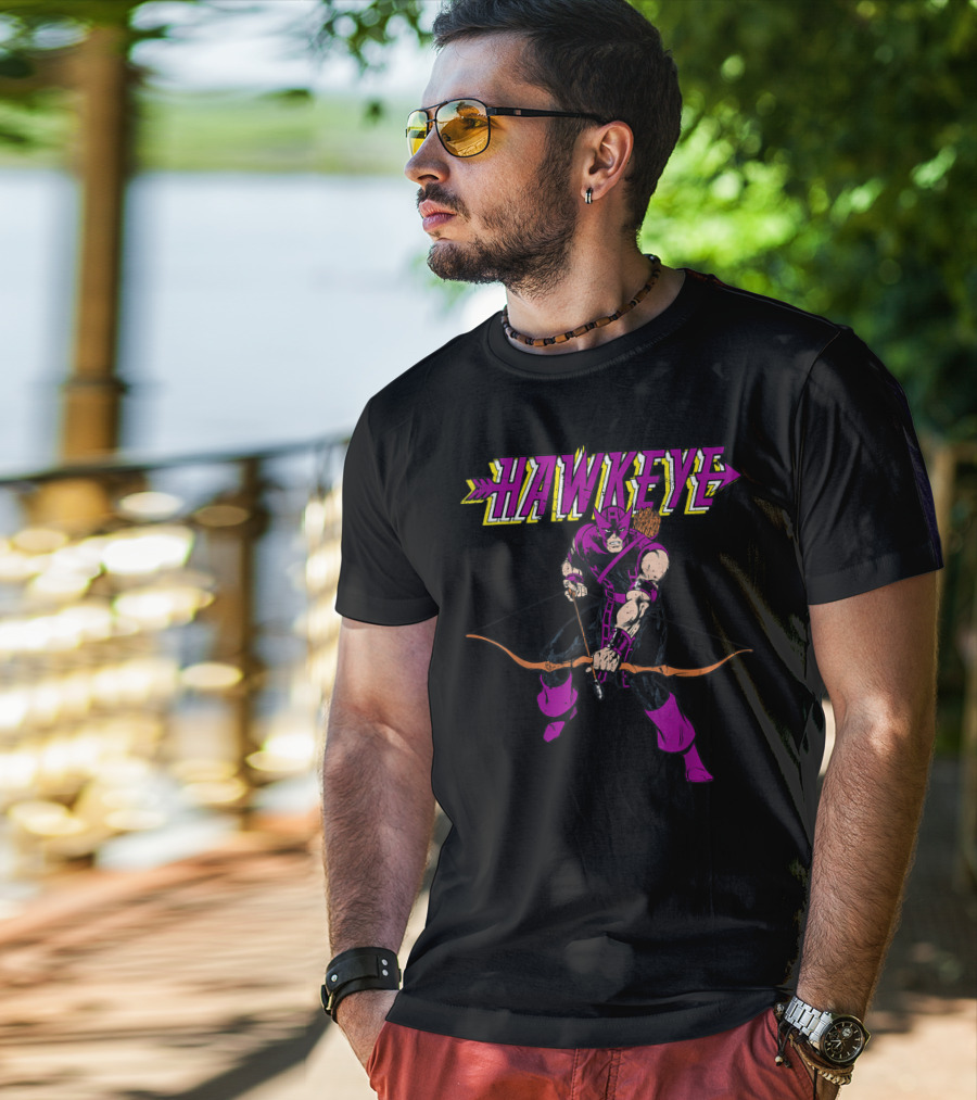Marvel Hawkeye Classic Purple Pose Drawing Bow And Arrow T-Shirt
