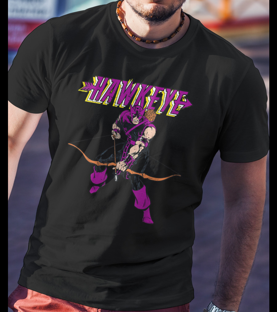 Marvel Hawkeye Classic Purple Pose Drawing Bow And Arrow T-Shirt