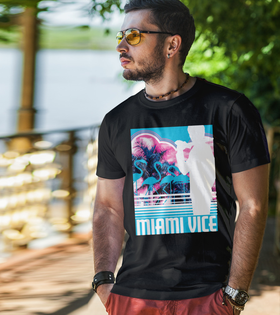 Miami Vice Neon Flamingo Silhouette Tropical T-Shirt