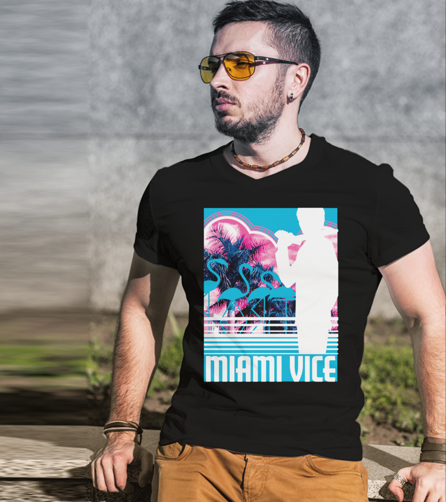 Miami Vice Neon Flamingo Silhouette Tropical T-Shirt
