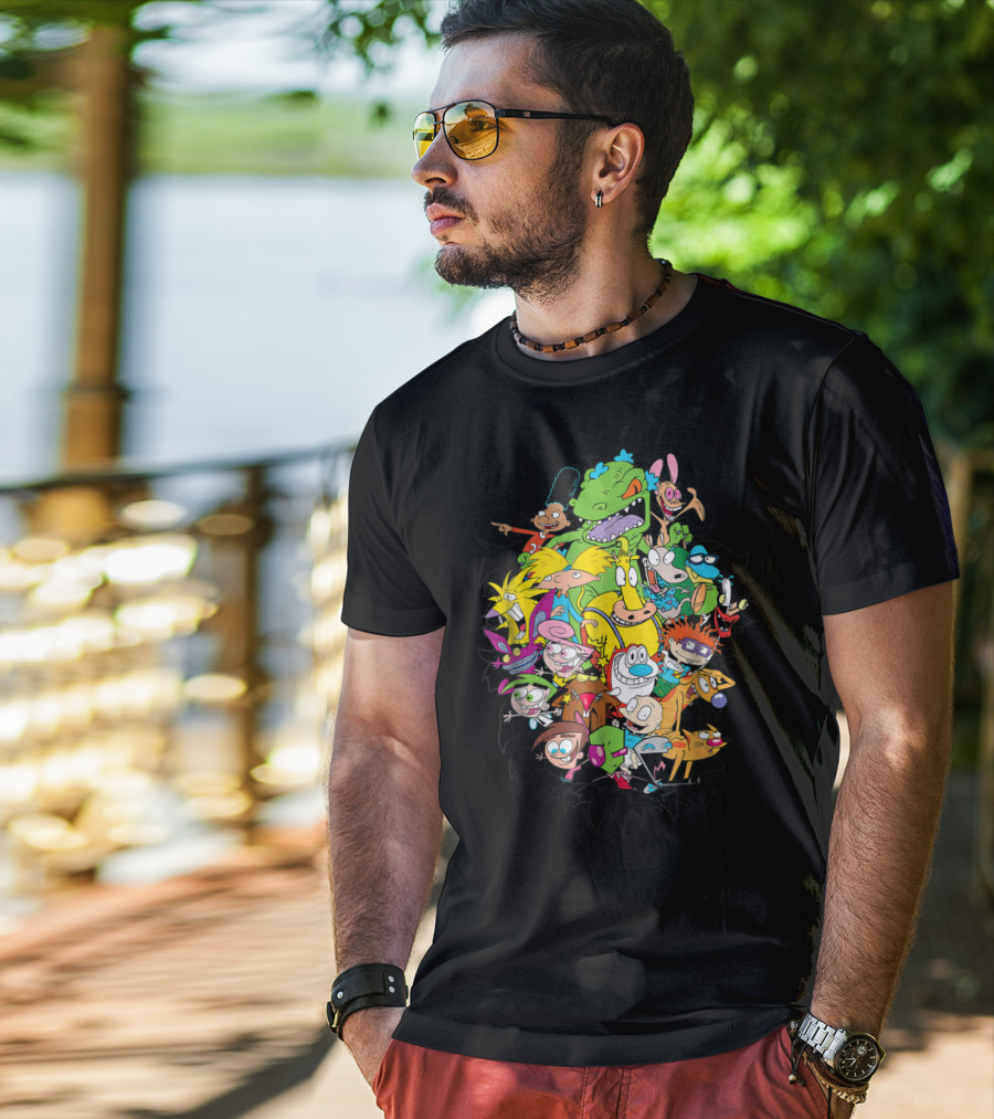 Nickelodeon Classic Characters Rugrats Hey Arnold Rocko's Modern Life Ren And Stimpy CatDog Fairly OddParents All Real Monsters Explosion T-Shirt