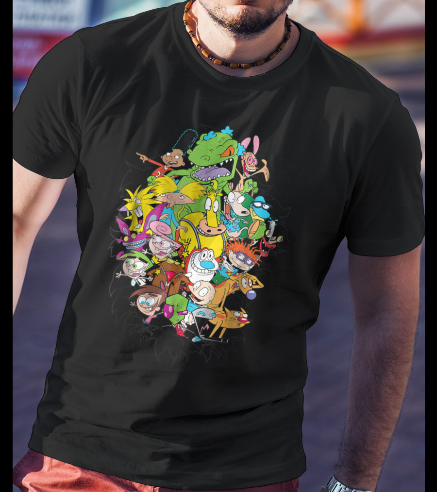 Nickelodeon Classic Characters Rugrats Hey Arnold Rocko's Modern Life Ren And Stimpy CatDog Fairly OddParents All Real Monsters Explosion T-Shirt