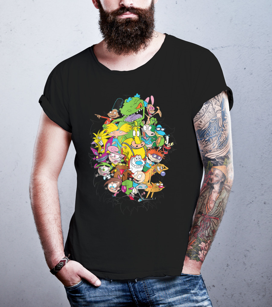 Nickelodeon Classic Characters Rugrats Hey Arnold Rocko's Modern Life Ren And Stimpy CatDog Fairly OddParents All Real Monsters Explosion T-Shirt