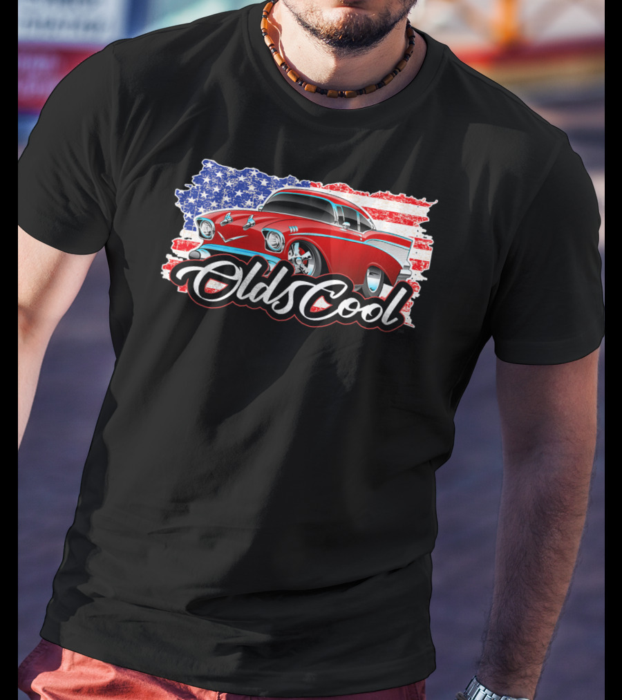 Olds Cool Classic Car 1957 American Flag Graphics T-Shirt