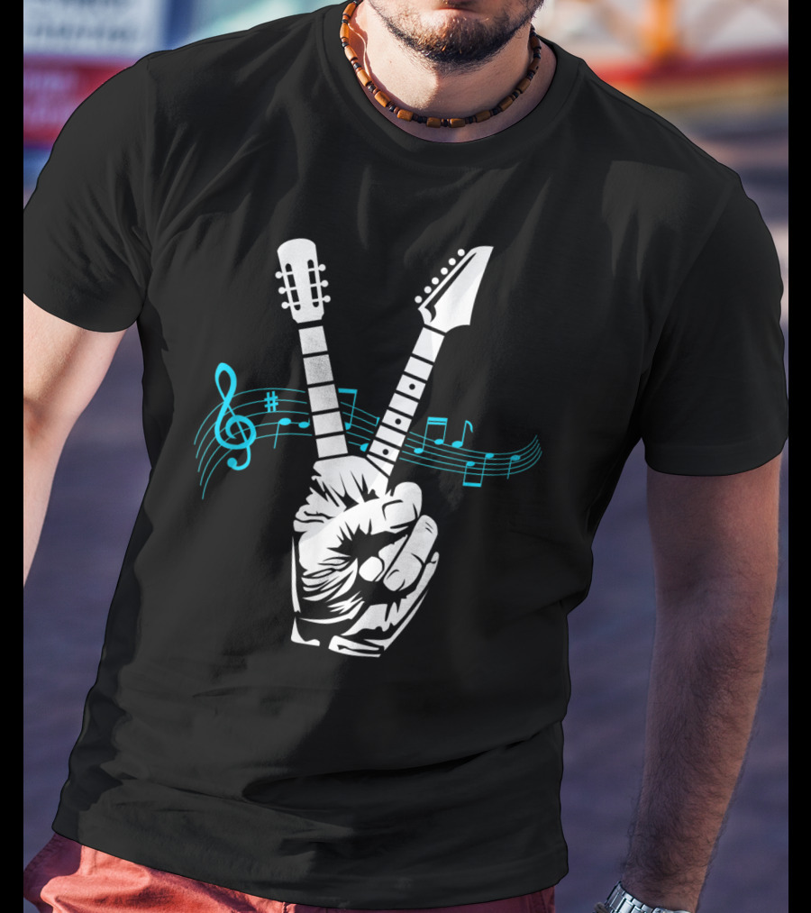 Peace Sign Guitar Neck Fingers And Musical Notes T-Shirt