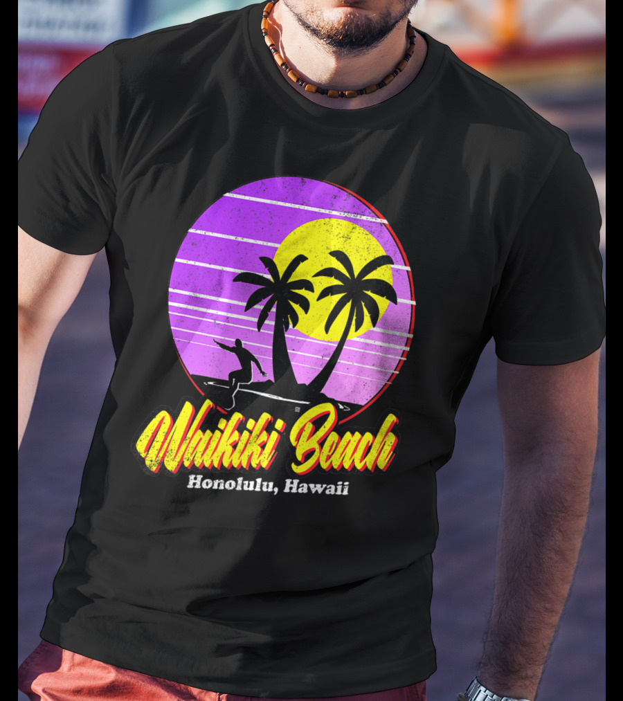 Waikiki Beach Honolulu Hawaii Retro Surfer Vintage 80's Sunset Palms T-Shirt