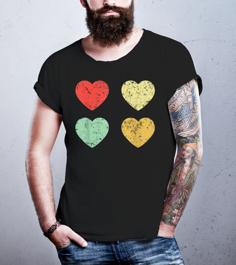Retro Vintage Hearts Valentines Day Four Colorful Grunge Hearts T-Shirt