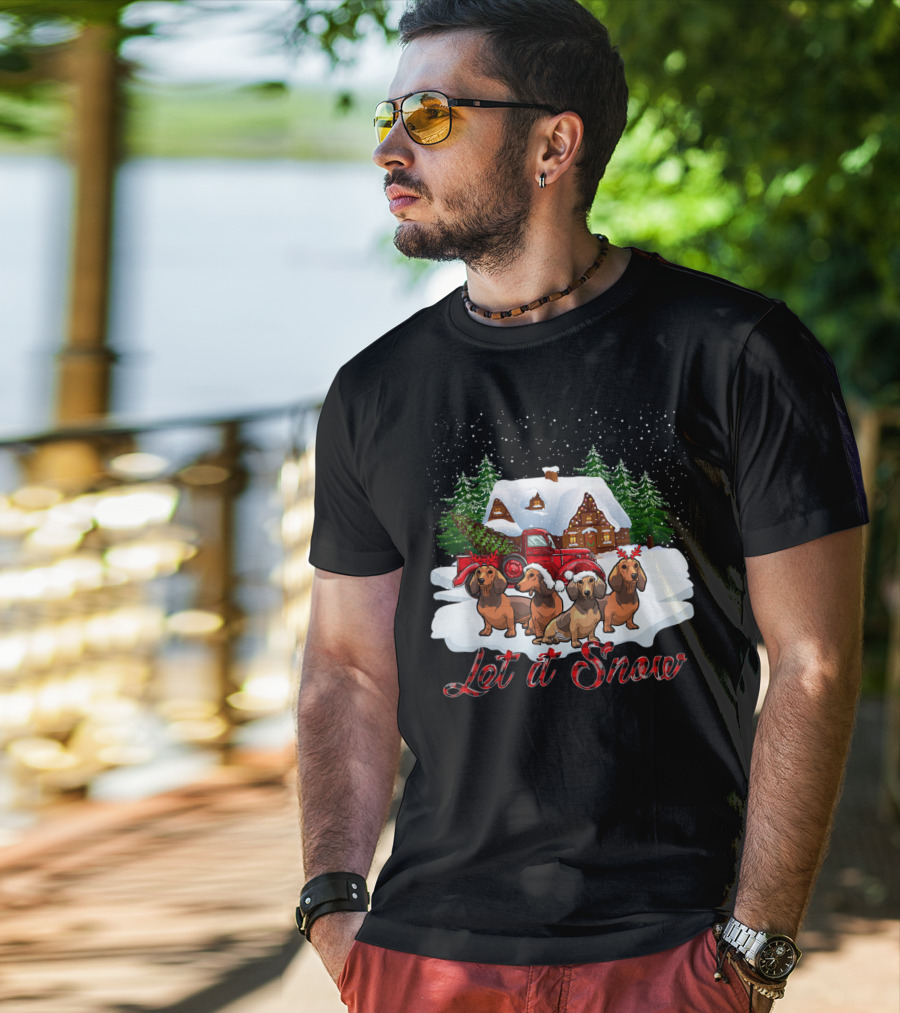 Santa Dachshund Let It Snow With Snowy Cabin And Red Truck T-Shirt